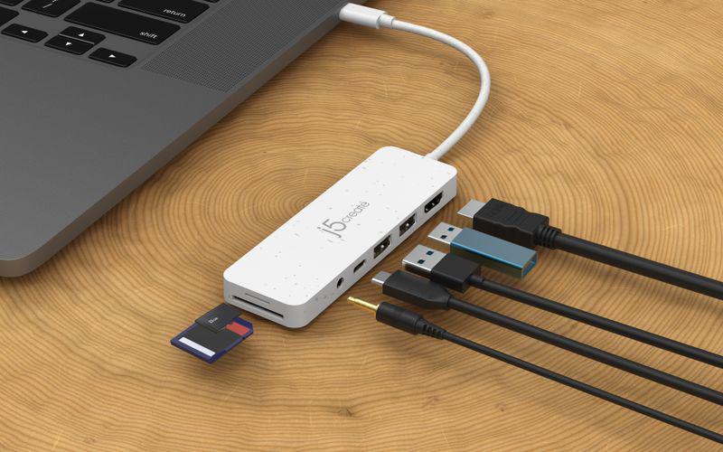 USB-C хаб J5create JCD373EW-N 6-в-1 у роботі з ноутбуком, HDMI, USB-пристроями та картами пам’яті