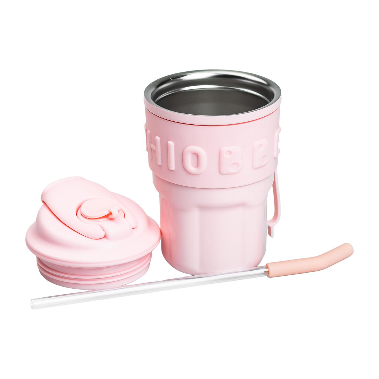 Разборная термокружка 450 мл розовая с крышкой и трубочкой, внутренняя нержавеющая колба