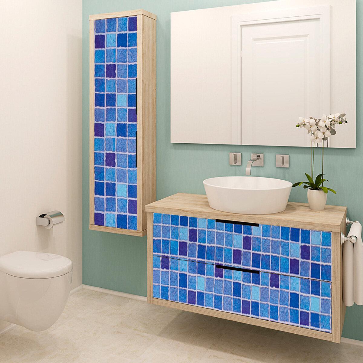 Самоклеящаяся пленка синяя мозаика в интерьере на мебели и дверях 0,45х10м