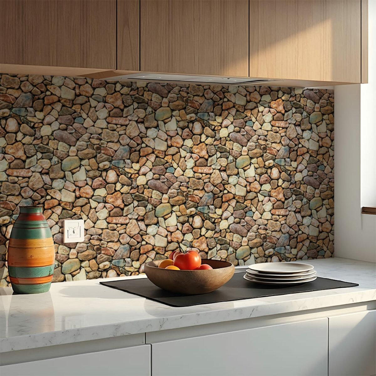 Самоклеюча PET плитка під камінь у кухонному фартусі