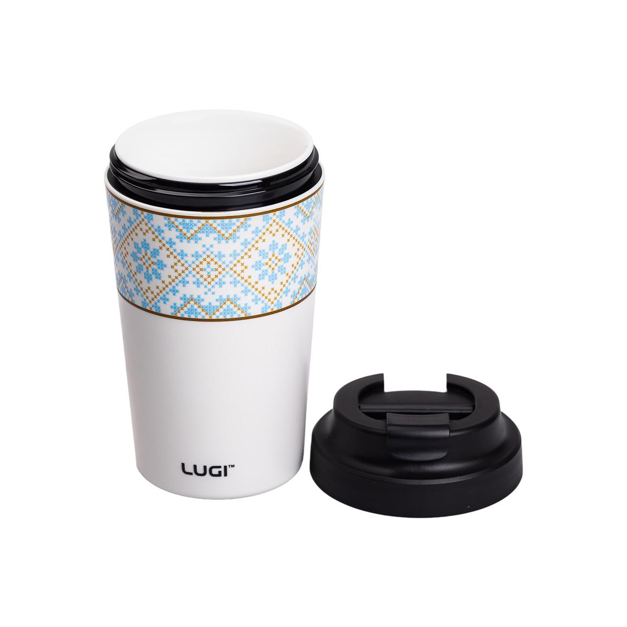 Керамическая внутренняя колба термокружки, термочашка в украинском стиле вышиванка с открытой крышкой