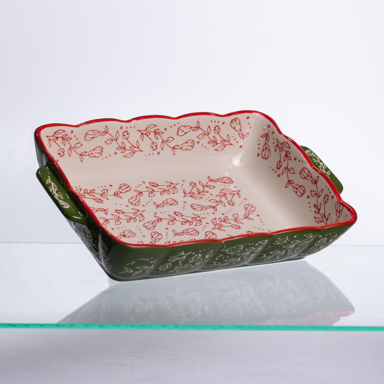 Зелена порцелянова форма для запікання Vintage 28×17 см з ручками та квітковим орнаментом