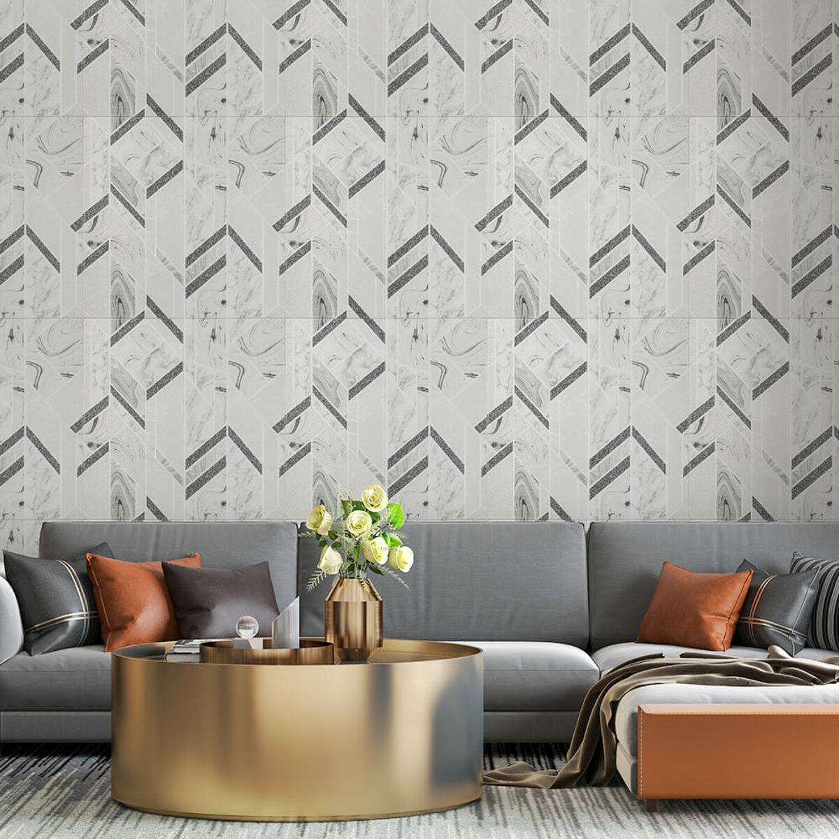 серые самоклеящиеся 3D панели 680x680 в интерьере — декоративные панели для стен