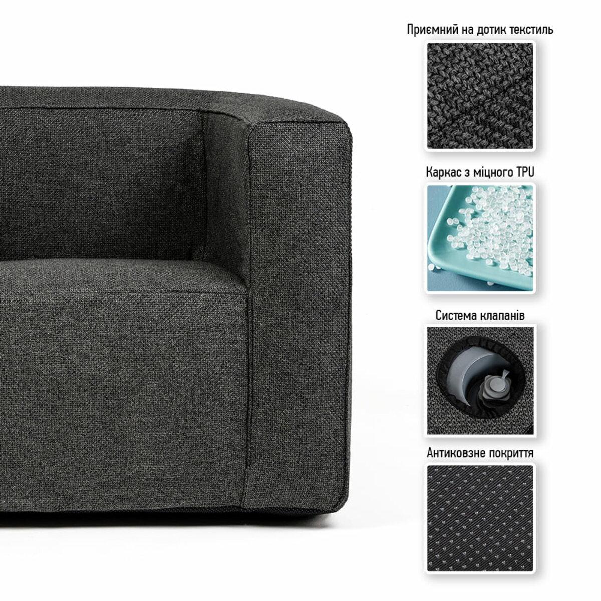 Деталі надувного дивана: текстильна оббивка, каркас TPU, система клапанів і антиковзне покриття