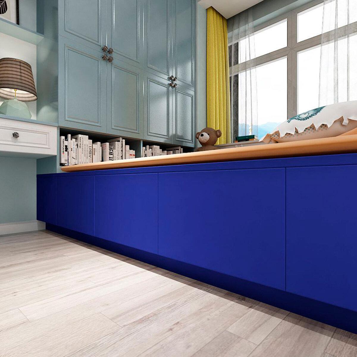 Интерьер: оклеенные синие фасады шкафов самоклеящейся ПВХ-пленкой 0,45x10м, декор и защита мебели