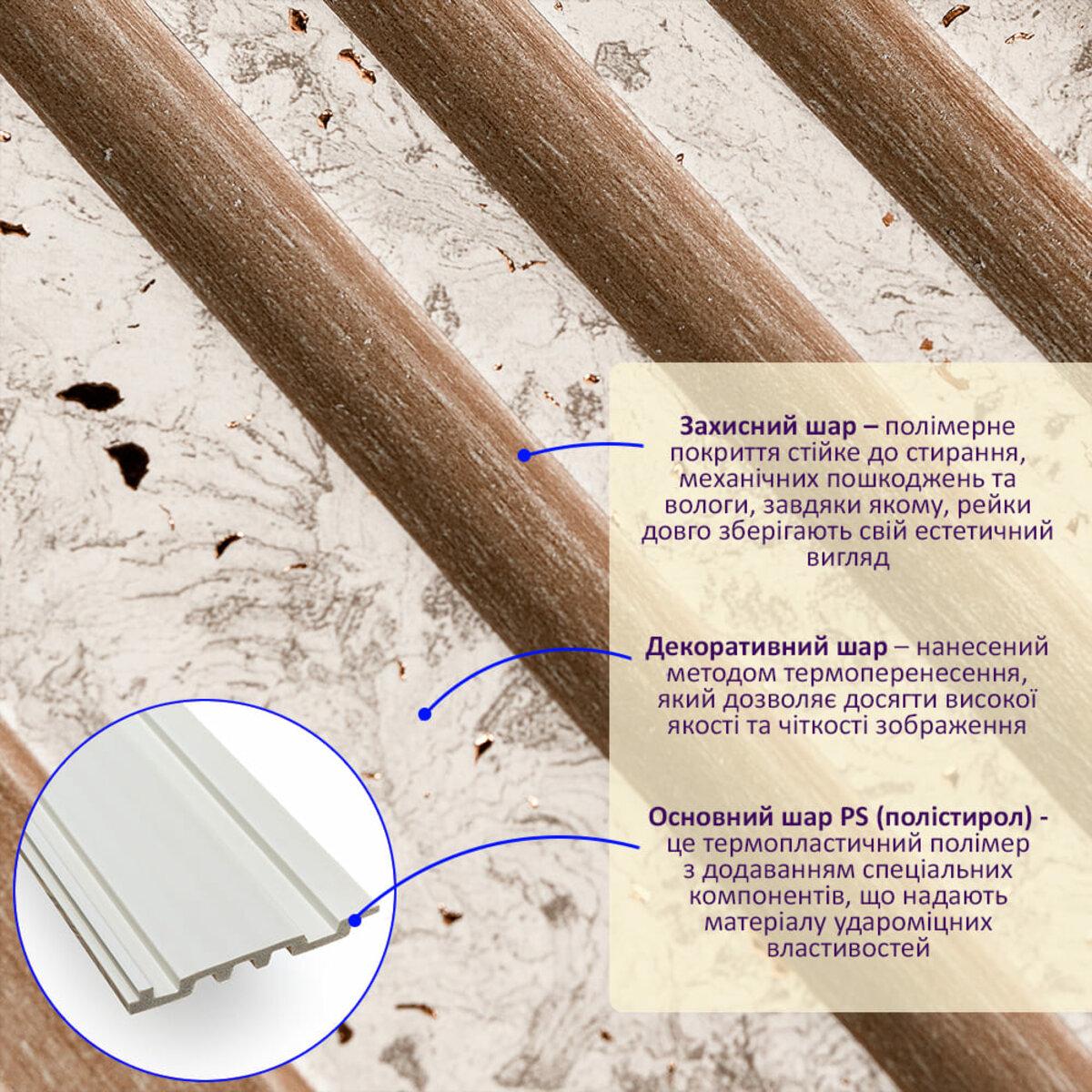 Декоративна рейка під світлий мармур із золотими вкрапленнями, показ структури та захисного шару