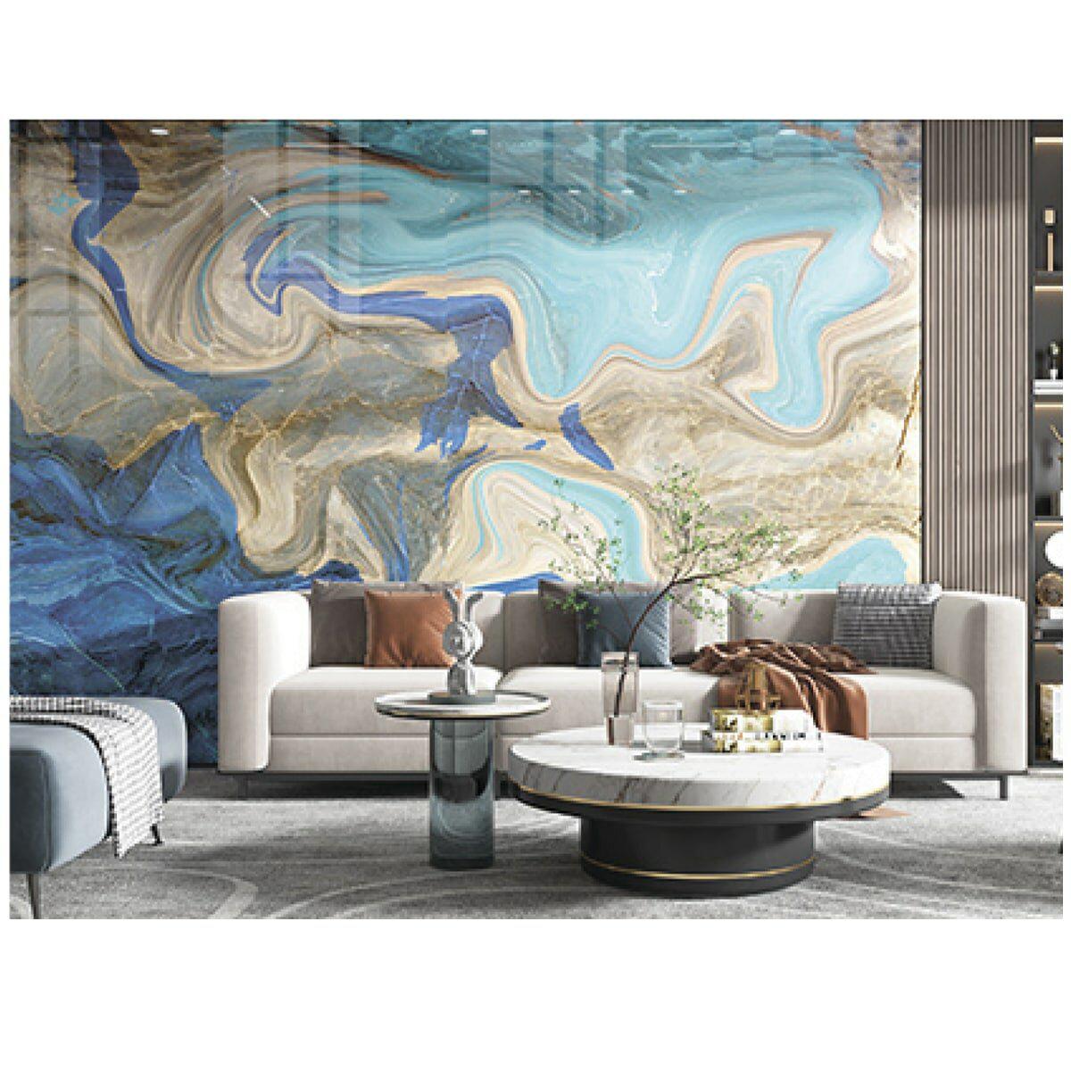 Настенная виниловая картина под мрамор лазурный в интерьере, набор 6 рулонов 10.08 м2
