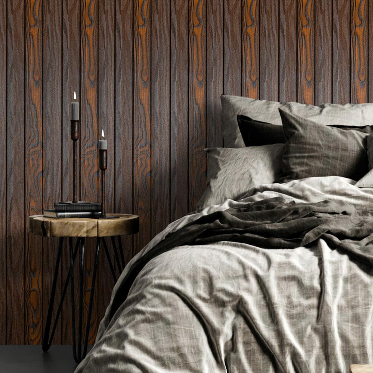 WPC стінові рейки під дерево в інтер’єрі спальні, декоративне оздоблення стіни