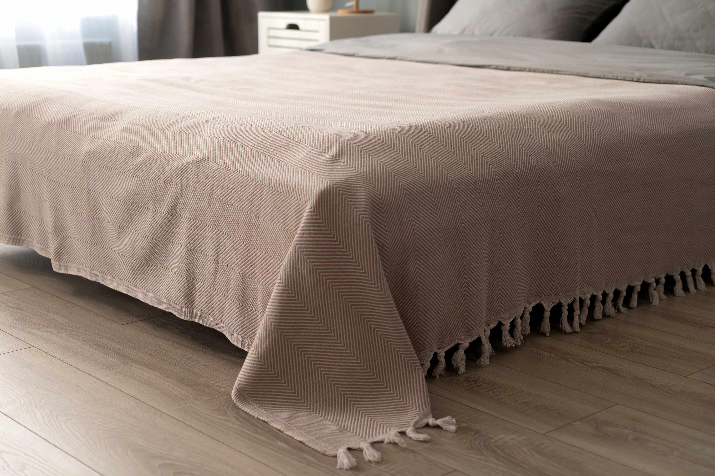 бежевый плед с кисточками — хлопковый плед для пикника и авто, покрывало полуторного размера