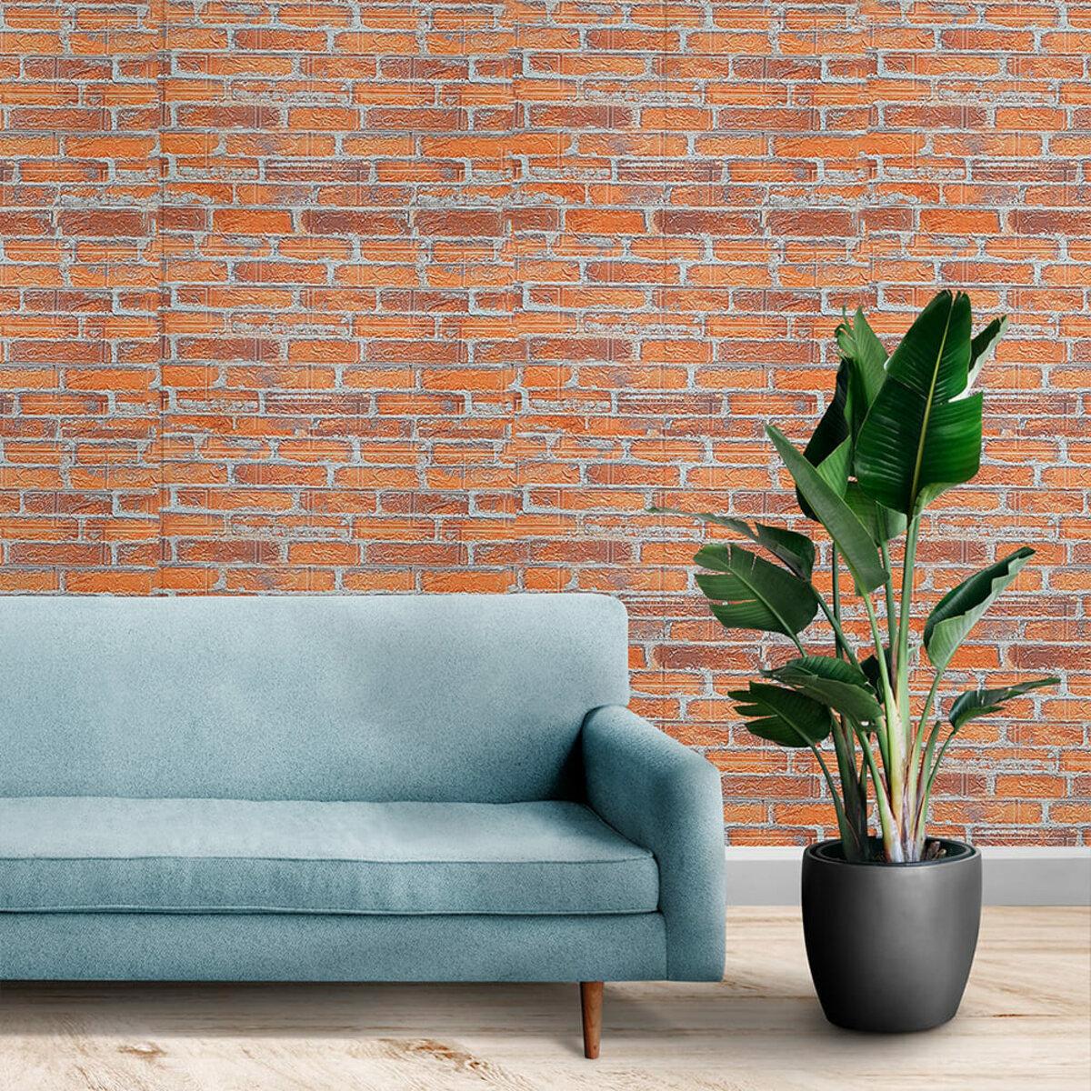 Интерьер с самоклеящейся 3D панелью под кирпич рыжий, рулон 19600x700 мм