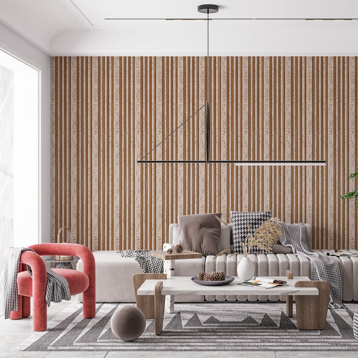 Декоративні стінові рейки під світлий мармур у сучасному інтер'єрі вітальні