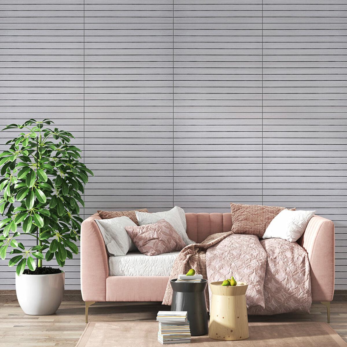Виниловые 3D рейки для стен Кедр серебряный 600х600 в интерьере — самоклеящаяся панель с имитацией дерева