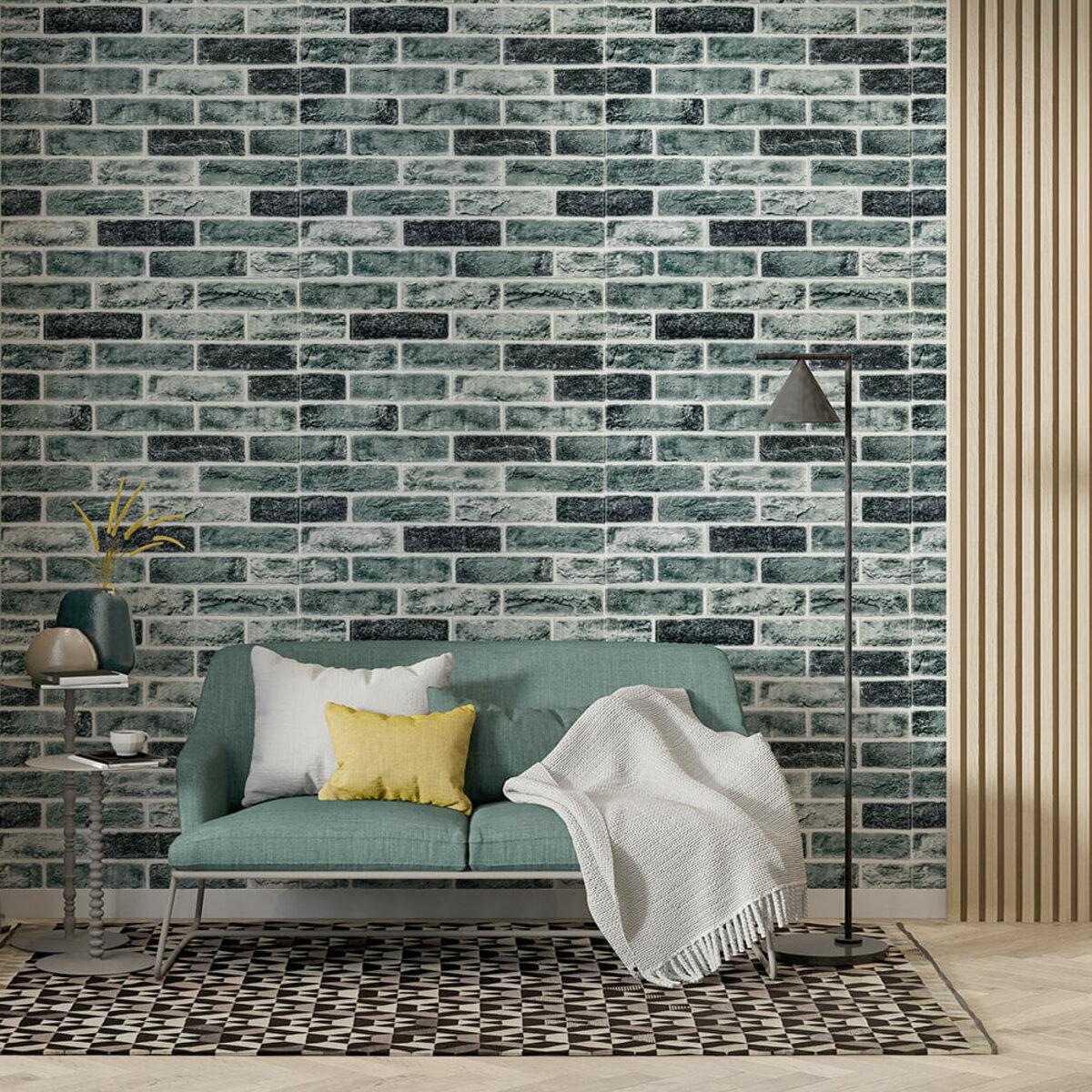 панели для внутренней отделки имитация кирпича синий интерьер 700x700