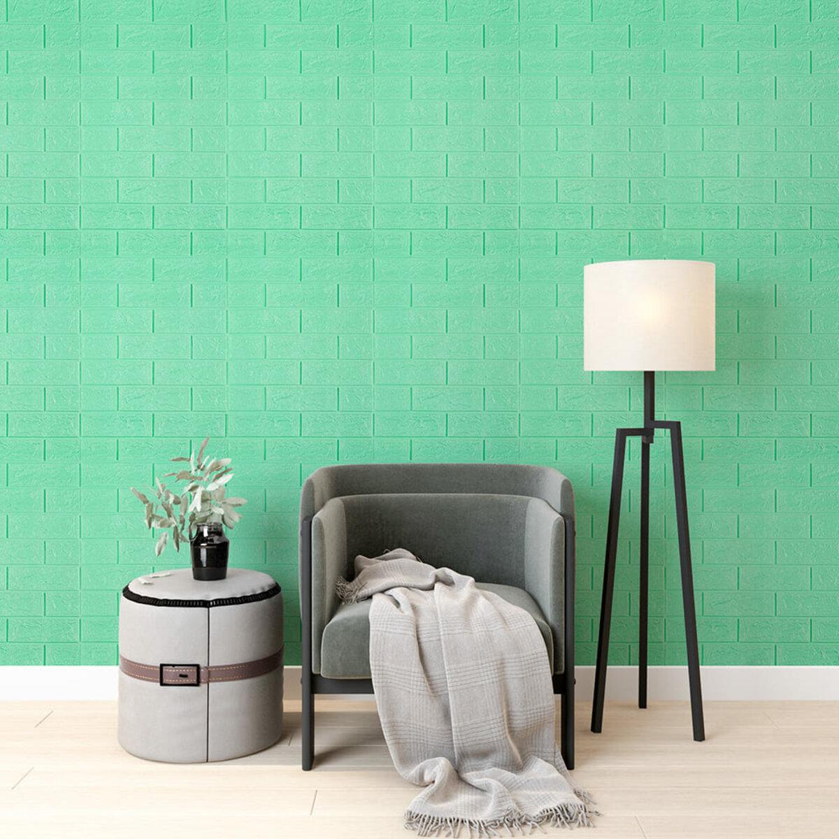 Интерьер с мятной самоклеящейся 3D панелью под кирпич 700x770x3 мм, декоративная стеновая панель