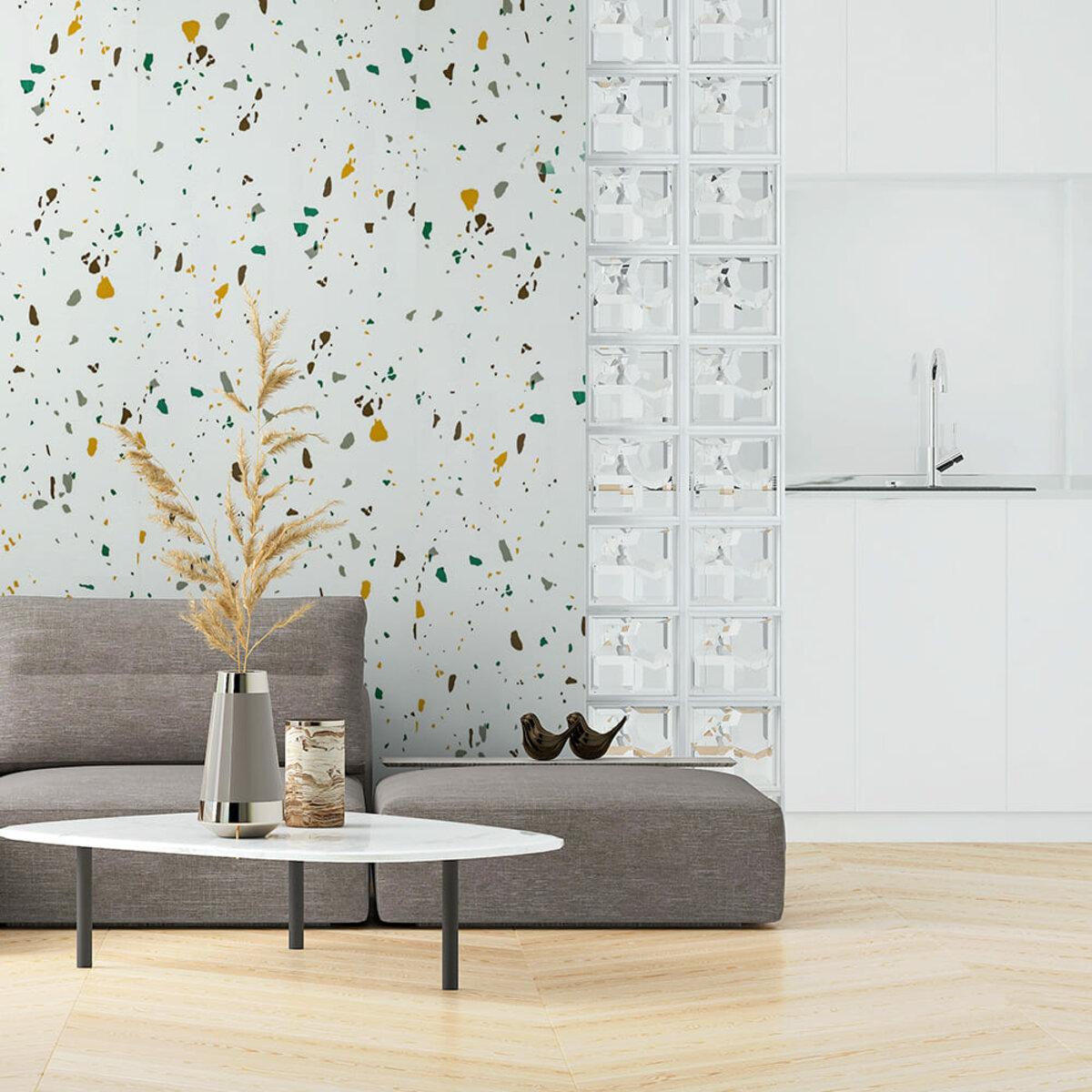 Самоклеящаяся PET плитка в рулоне 600x3000 мм — декоративная плитка на стену в рулоне в интерьере гостиной