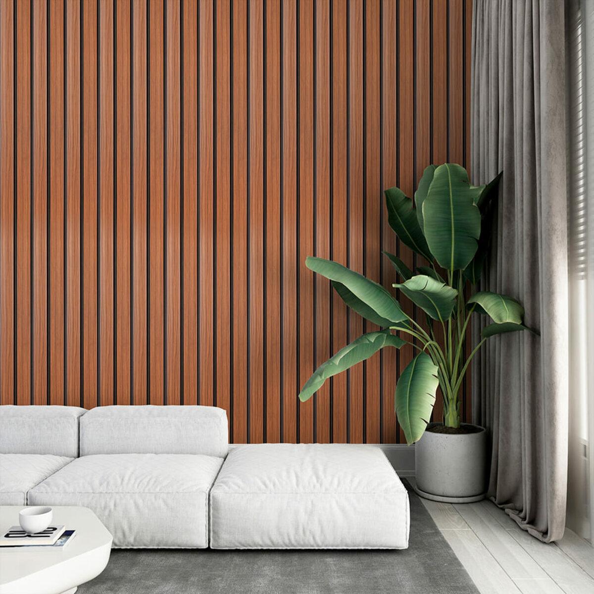 Декоративная рейка тёмный дуб в интерьере — рейки для отделки стен под дерево, 120x2900x12 мм