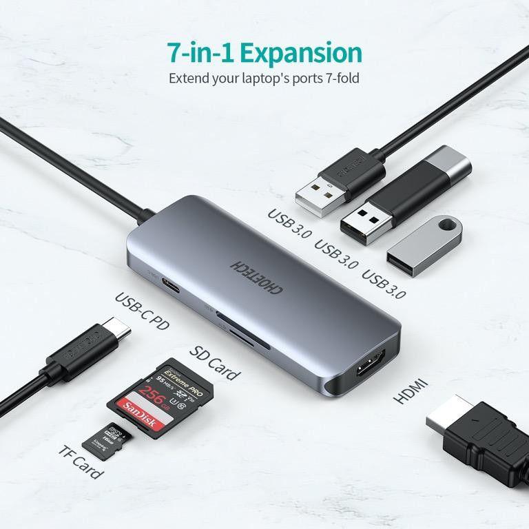 USB-C хаб Choetech 7-в-1 з портами USB 3.0, HDMI 4K, PD та слотами SD і TF