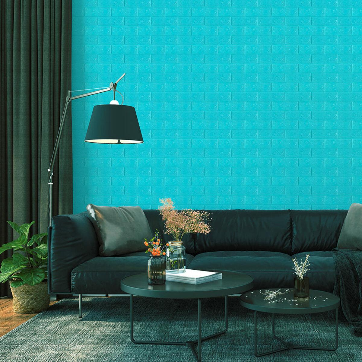 Бірюзова самоклеюча 3D панель під цеглу в інтер’єрі вітальні