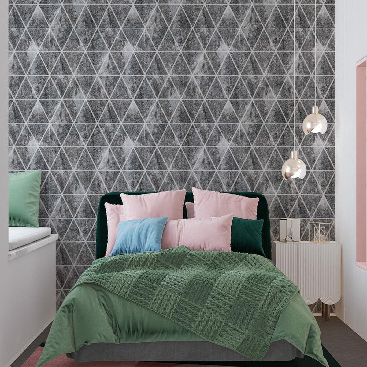 3D стеновая панель ромбы серые в интерьере 700x700 мм самоклеящаяся декоративная панель