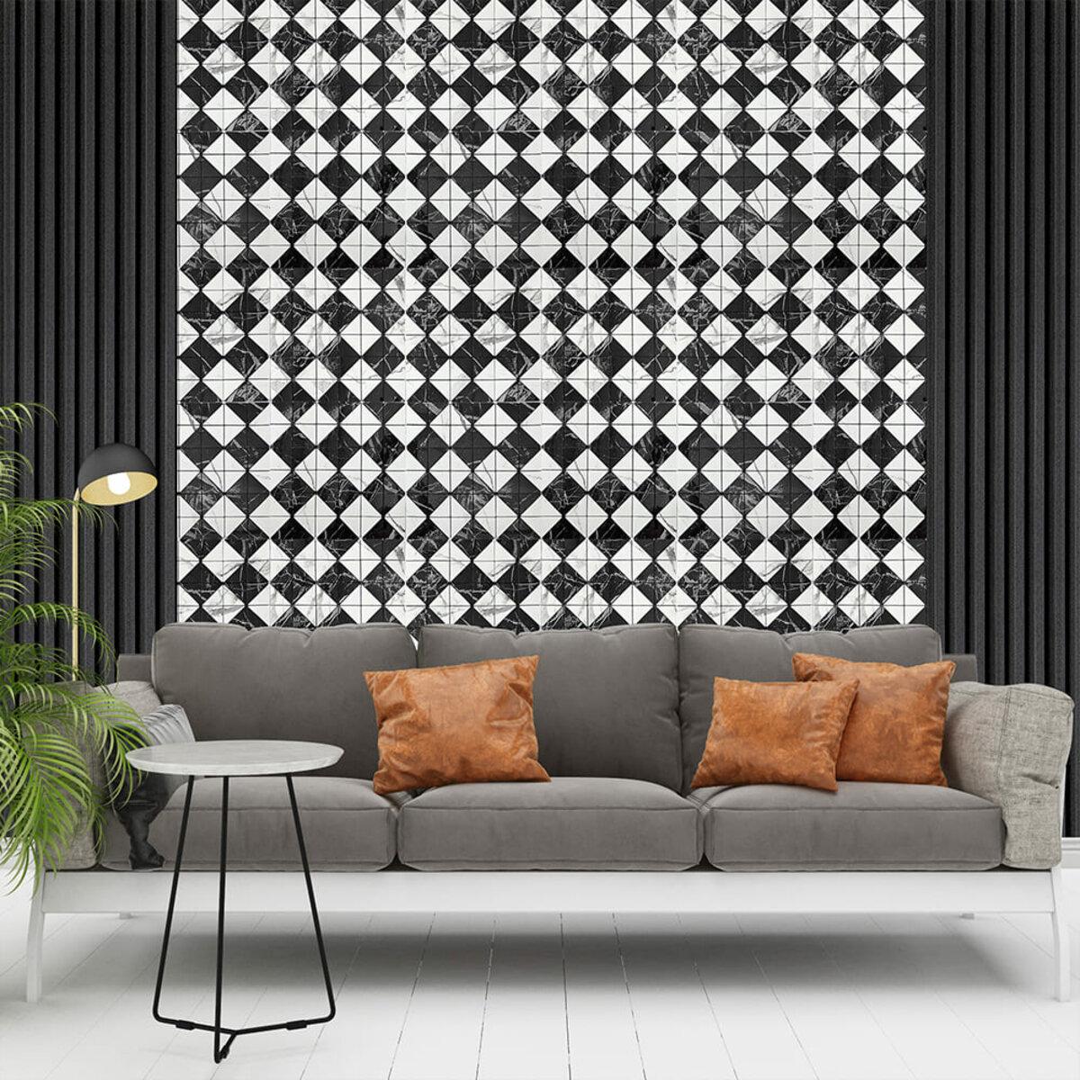 Интерьерное применение самоклеящейся PET мозаики 30x30 см — декор стены в комнате