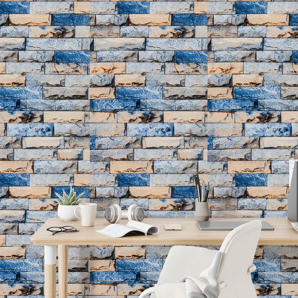 Самоклеящиеся обои с теплоизоляцией сине-бежевый екатеринославский кирпич в интерьере рабочего места