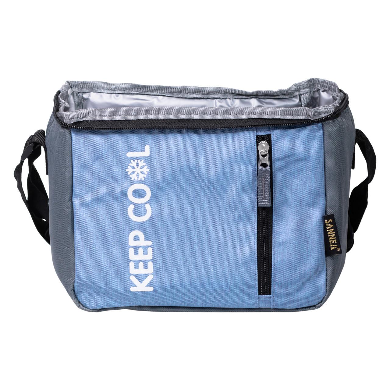 Термосумка для еды и напитков 8 л голубая — передний вид с наружным карманом
