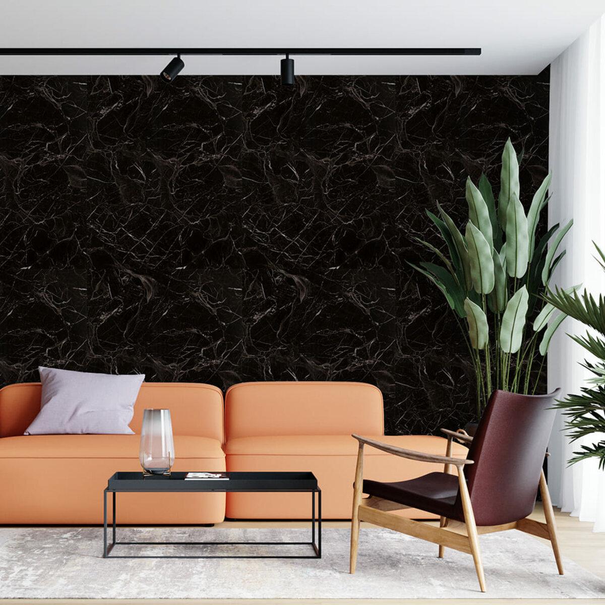 виниловая плитка в рулоне черный мрамор — интерьер в гостиной, глянец