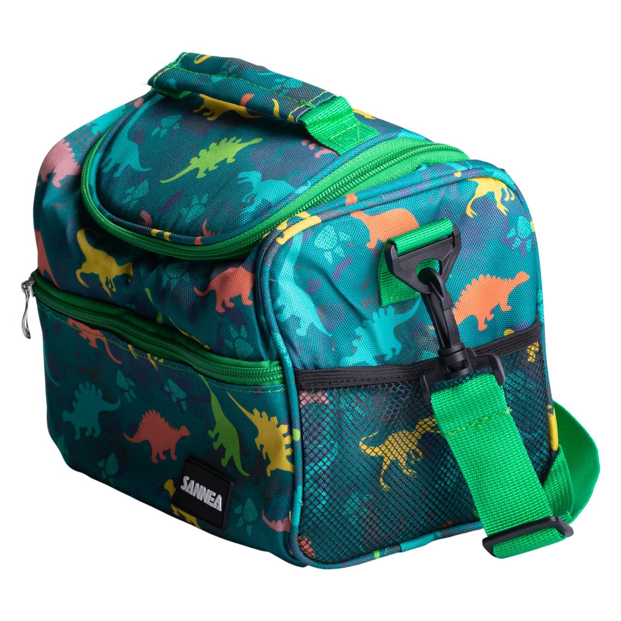 ланч бэг для пикника в интерьере, зелёный с динозаврами, боковой карман и регулируемый ремень