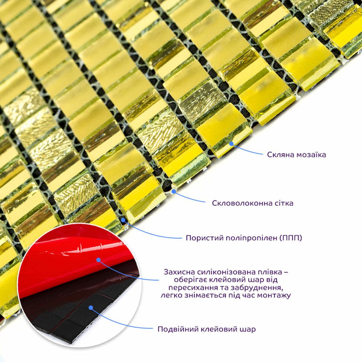 Самоклеящаяся мозаика золотая 298x298 — структура листа, слои клея и сетка