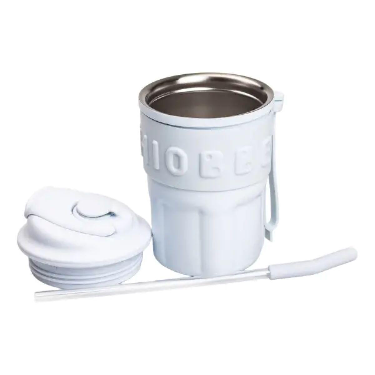 термокружка 450 мл с открытой крышкой и трубочкой, вид внутренней колбы из нержавеющей стали — термочашка с ремешком и трубочкой