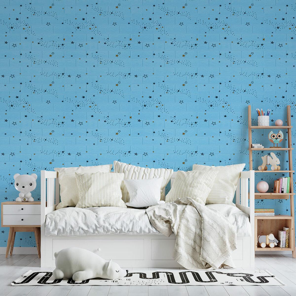 Блакитна 3D панель зі зірками в інтер’єрі дитячої кімнати