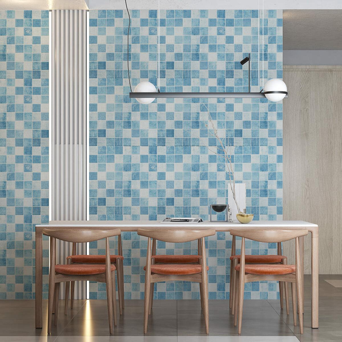 Стенная самоклеящаяся 3D панель мозаика голубая в интерьере — панель 700х700 мм, декоративная стеновая панель