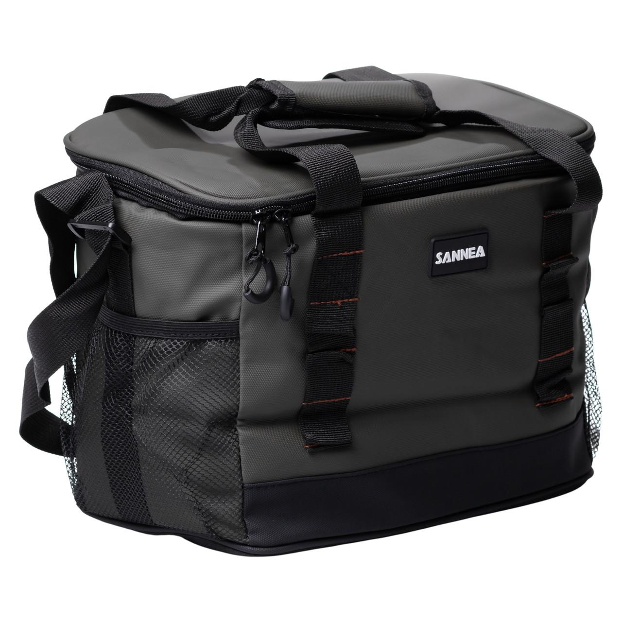 холодильная сумка для еды в дорогу 12 л — боковой ракурс с сетчатыми карманами и плечевым ремнем