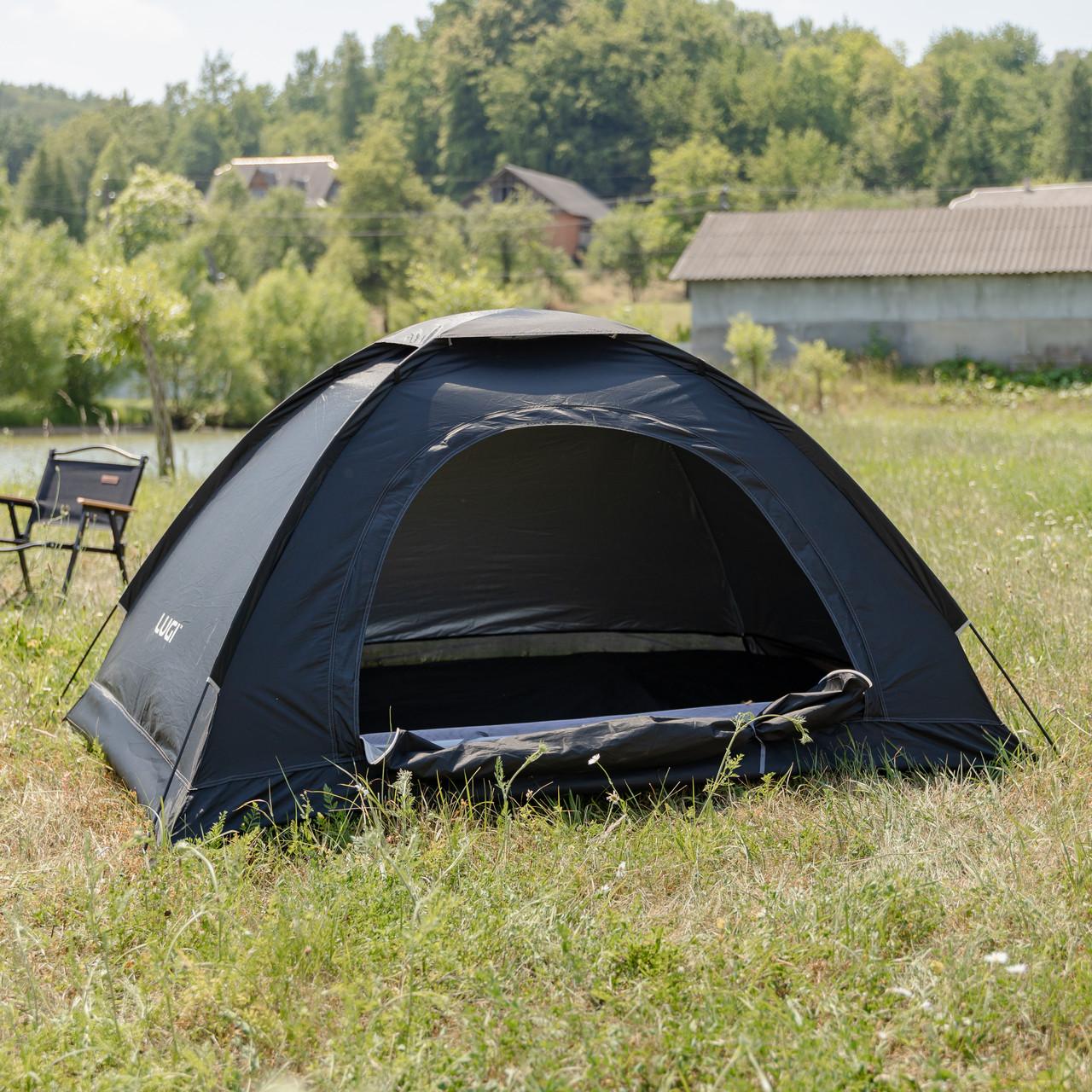 Двухместная кемпинговая палатка 200×150×120 см черного цвета с водоотталкивающим покрытием и каркасом из фибергласса