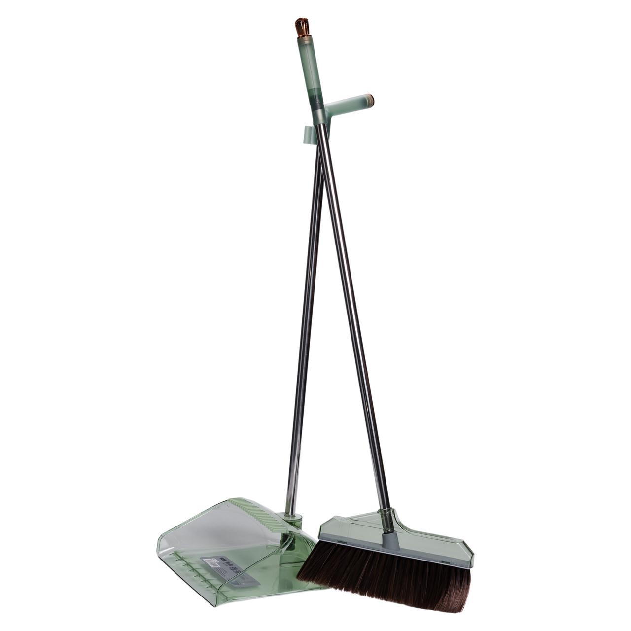 веник и совок на длинной ручке в зелёном цвете, комплект для сухой уборки пола