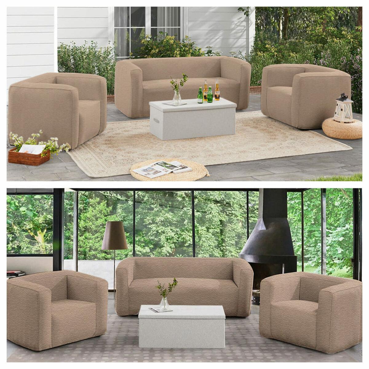 Коричневий надувний диван у світлому інтер’єрі з сучасним дизайном