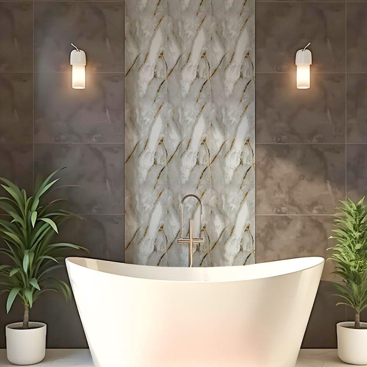 Декоративная самоклеящаяся PET плитка 600x300 мм в интерьере ванной — панель для стен под мрамор