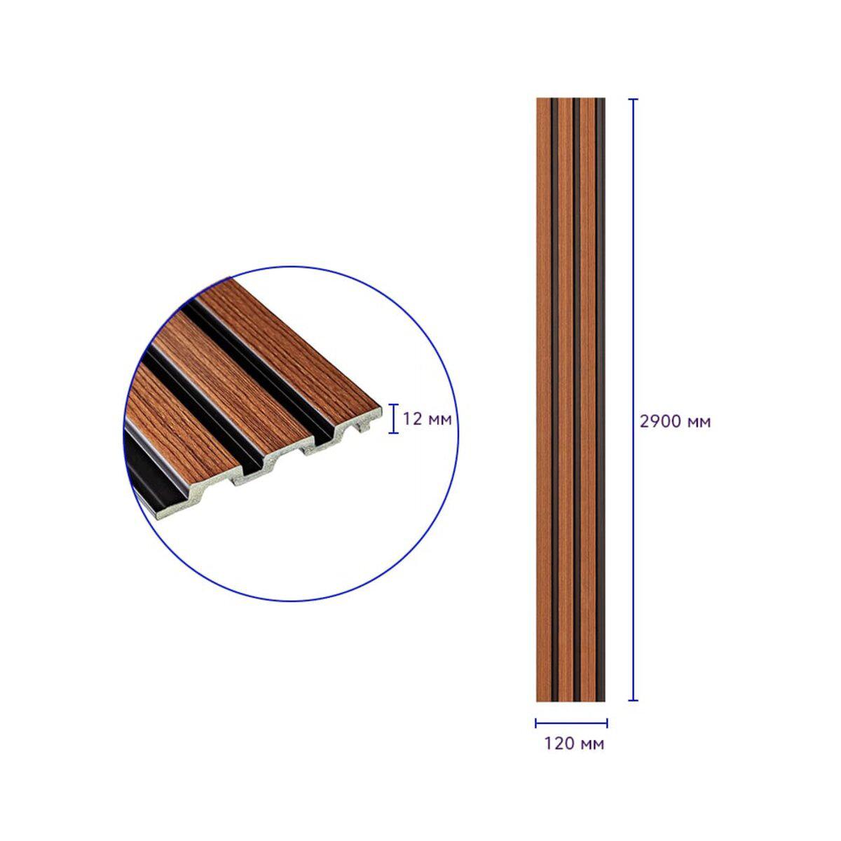 Крупный план декоративной рейки PS 2900x120x12 мм с каштановым декоративным слоем и защитным полимерным покрытием — панели рейки из полистирола под дерево