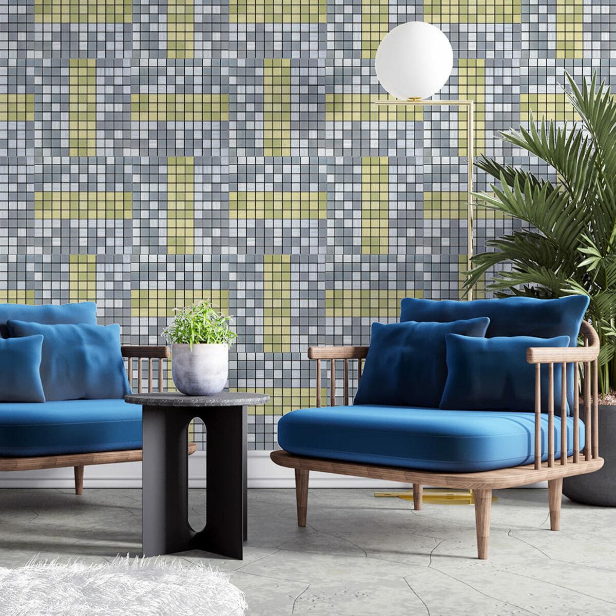 Декоративная мозаичная плитка серебро и золото 300x300 в интерьере, отделка стены