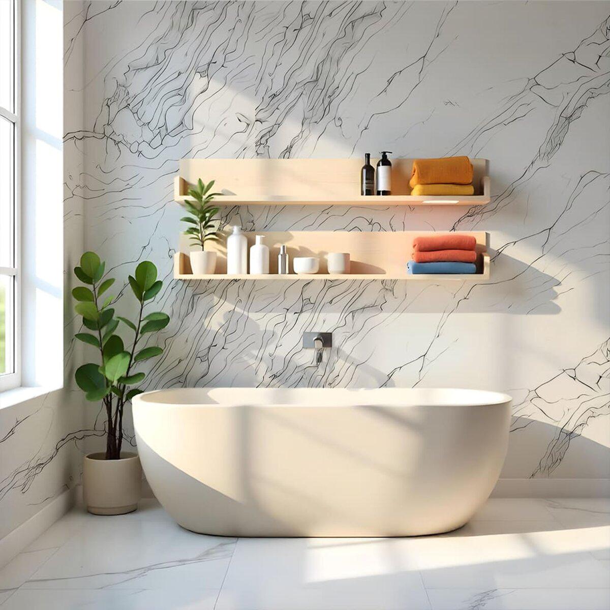 Интерьер ванной с самоклеящейся ПЭТ плиткой 1200×3000×2 мм — пример применения влагостойкой панели