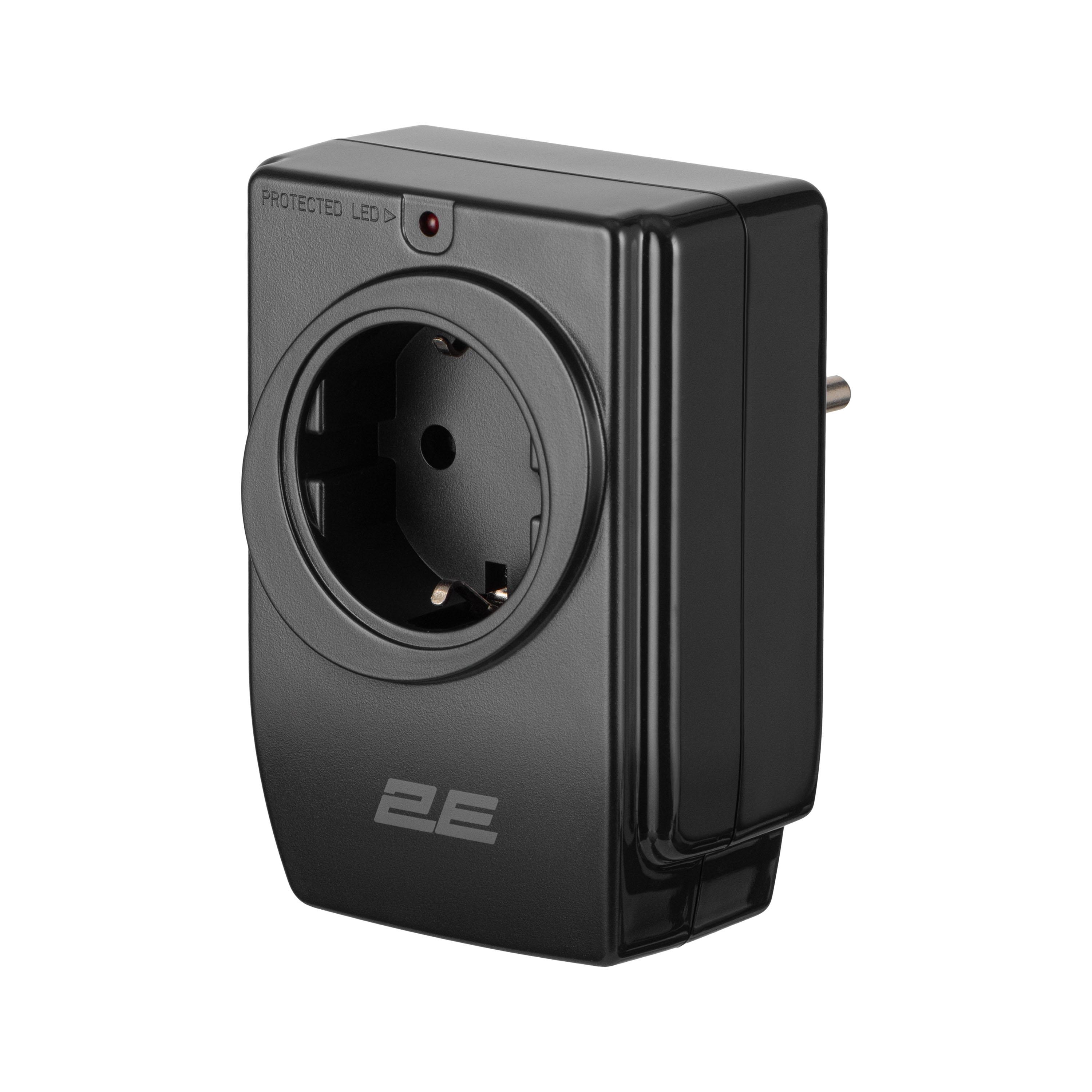 Мережевий адаптер 2E AD120U чорний у кутовому ракурсі з розеткою типу F та USB-портами
