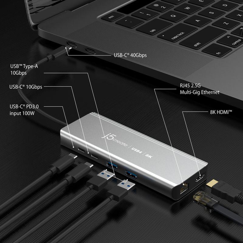 Мультиадаптер J5create JCD403-N USB4 6-в-1 з HDMI 8K, Ethernet 2.5G та USB портами в підключенні до ноутбука