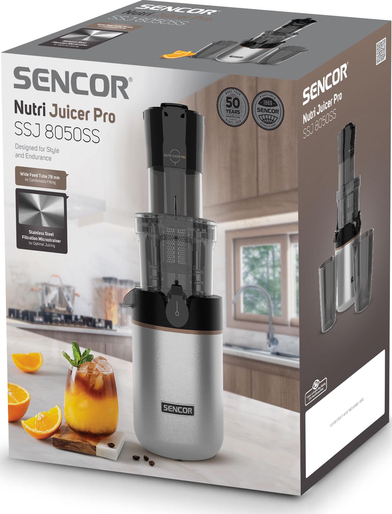 Sencor SSJ8050SS — сок без мякоти до 75%, соковыжималка для твердых овощей и зелени