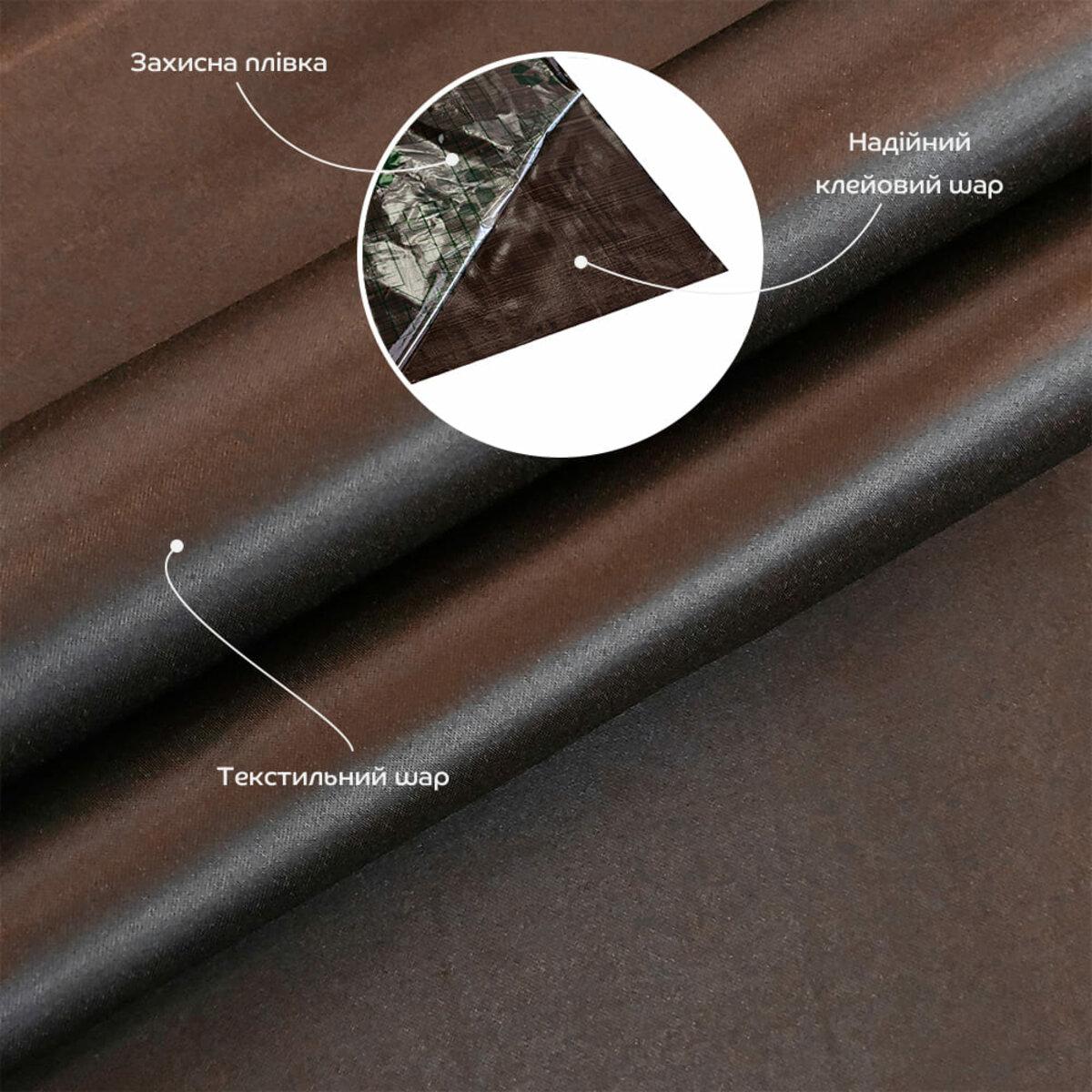 Самоклеючий сатин темно-коричневий у розрізі: текстильний шар, клейова основа та захисна плівка