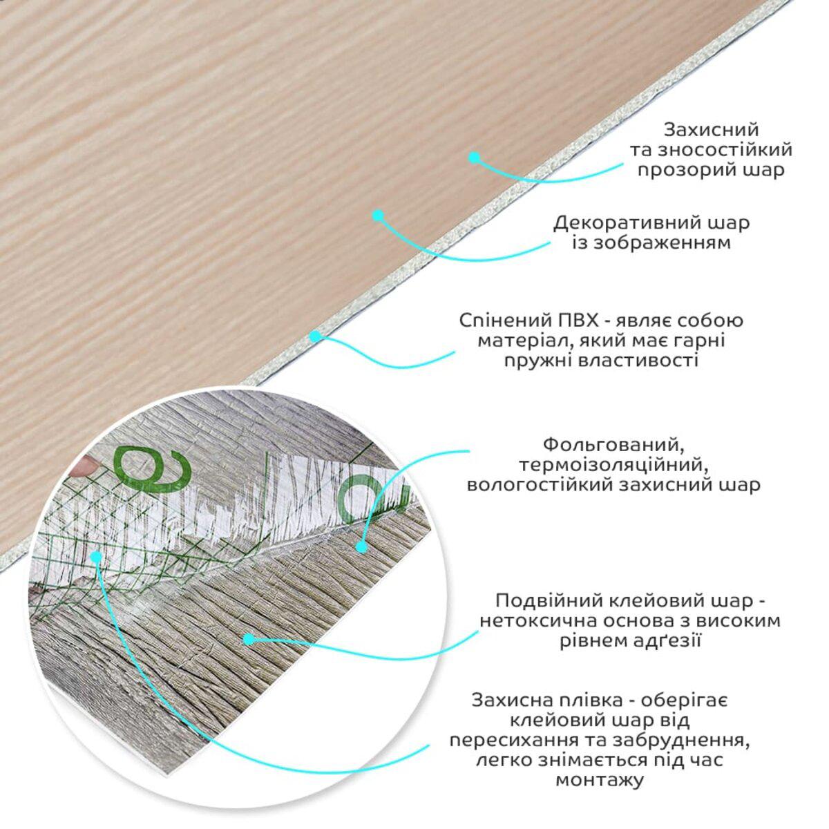 слои самоклеящейся виниловой плитки ПВХ: защитный слой, декоративный слой, вспененный ПВХ, фольгированный слой, клеевой слой