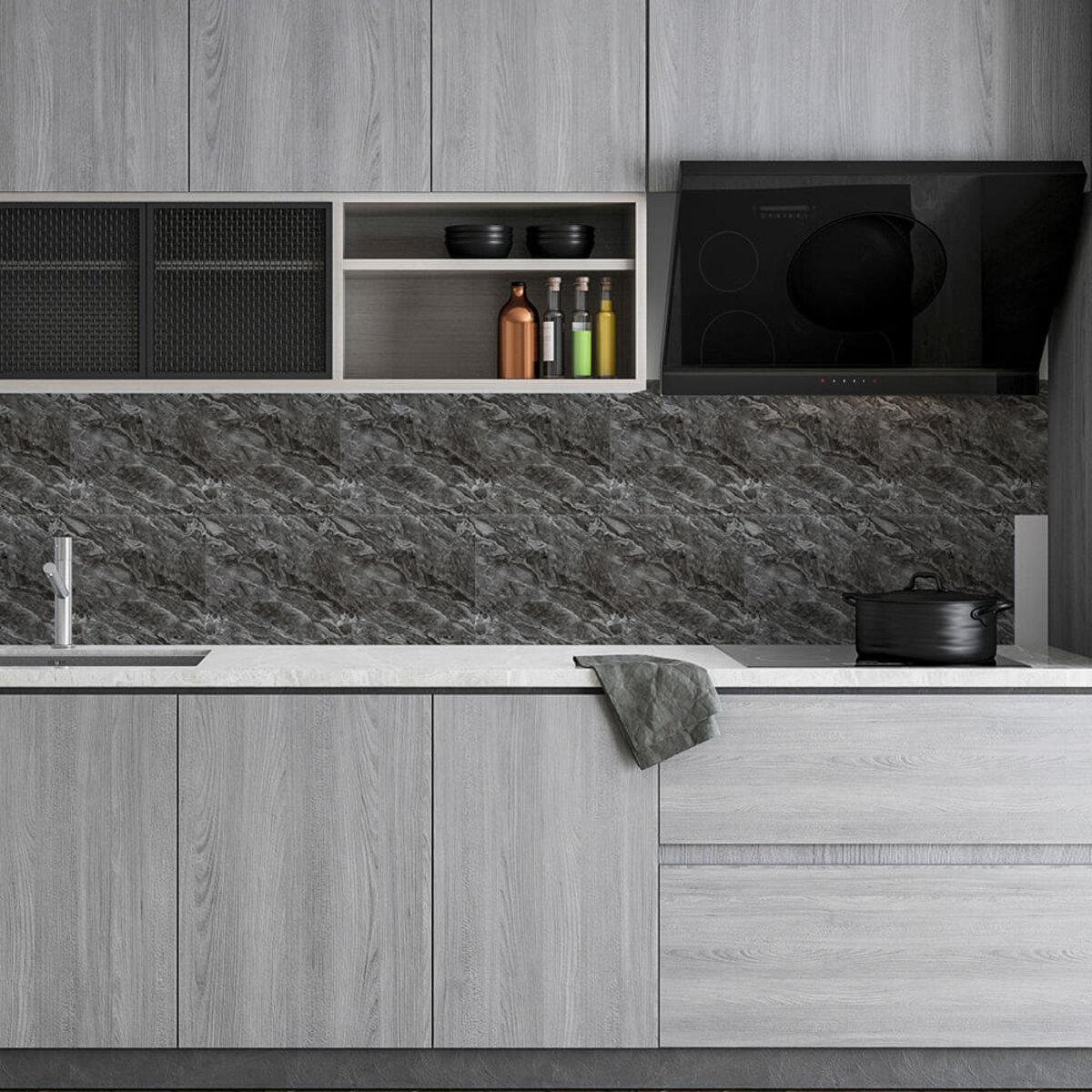 настенная декоративная PET плитка 600x300 мм в интерьере кухни, фартук из водостойкой панели