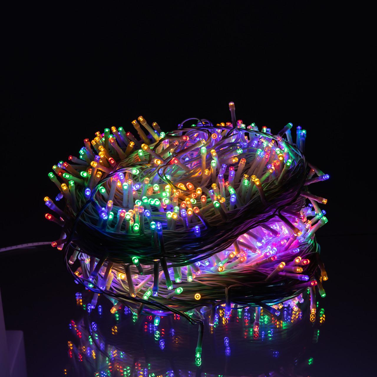 гирлянда нить для деревьев 1000 LED мультиколор белый провод крупный план