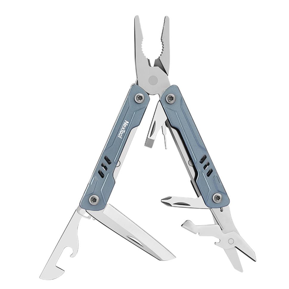 Блакитний кишеньковий мультитул NexTool Mini Sailor Pliers S11 у розкладеному вигляді з плоскогубцями, ножем і викрутками