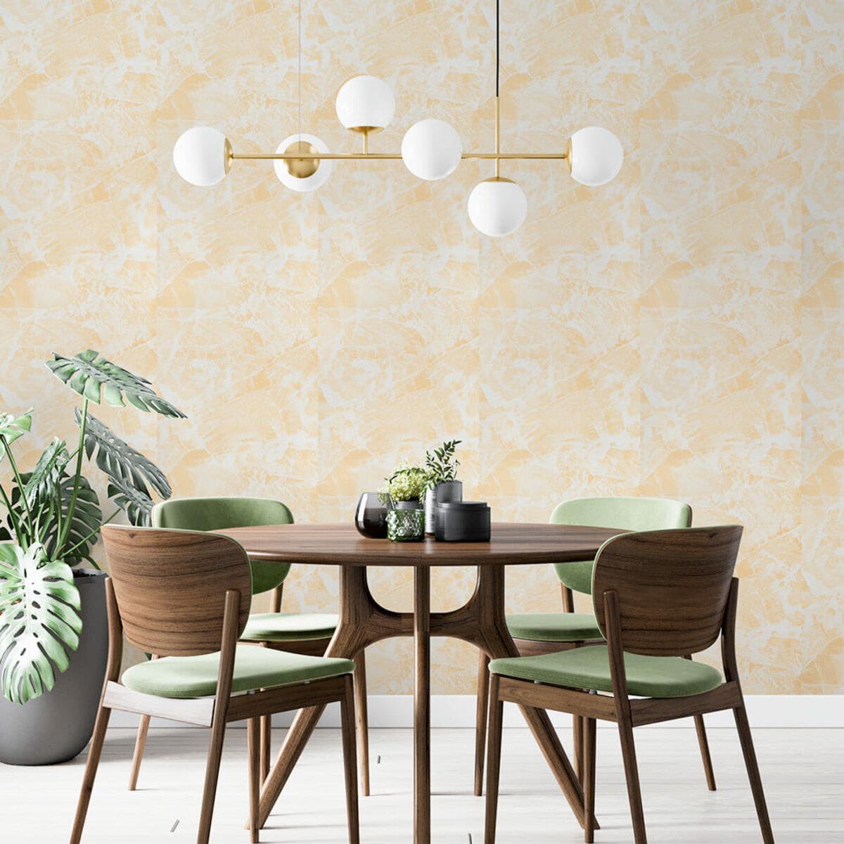 Декор стен самоклеящимися обоями бежевый мрамор 2800×450×1,5 мм в интерьере столовой