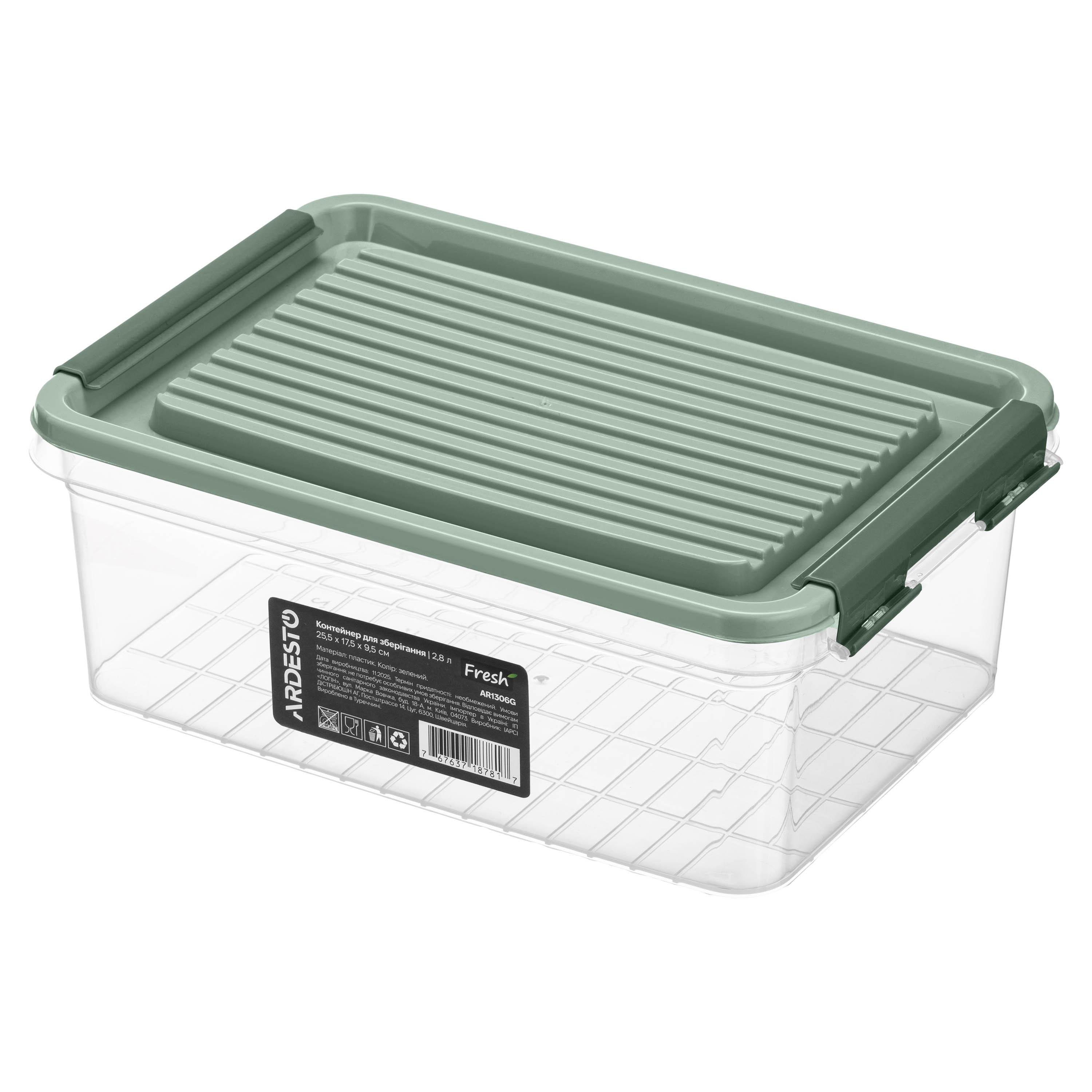 Прямокутний контейнер для їжі ARDESTO Fresh 2,8 л із зеленою кришкою, вигляд під кутом